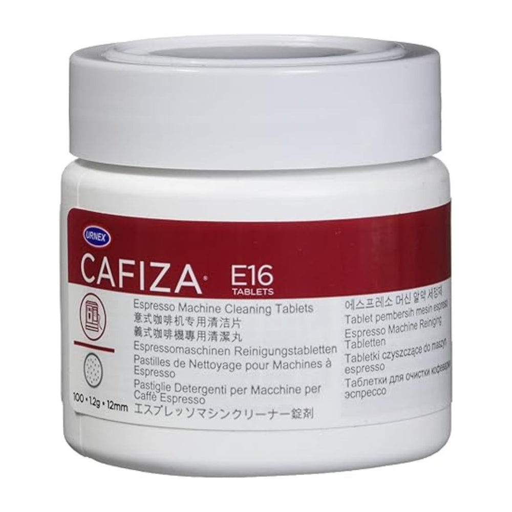 Urnex Cafiza tarro frontal mostrando 100 pastillas y facilidad de almacenamiento