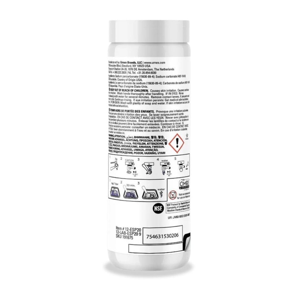 Urnex Cafiza polvo granular en primer plano que destaca solubilidad y dosificación controlada