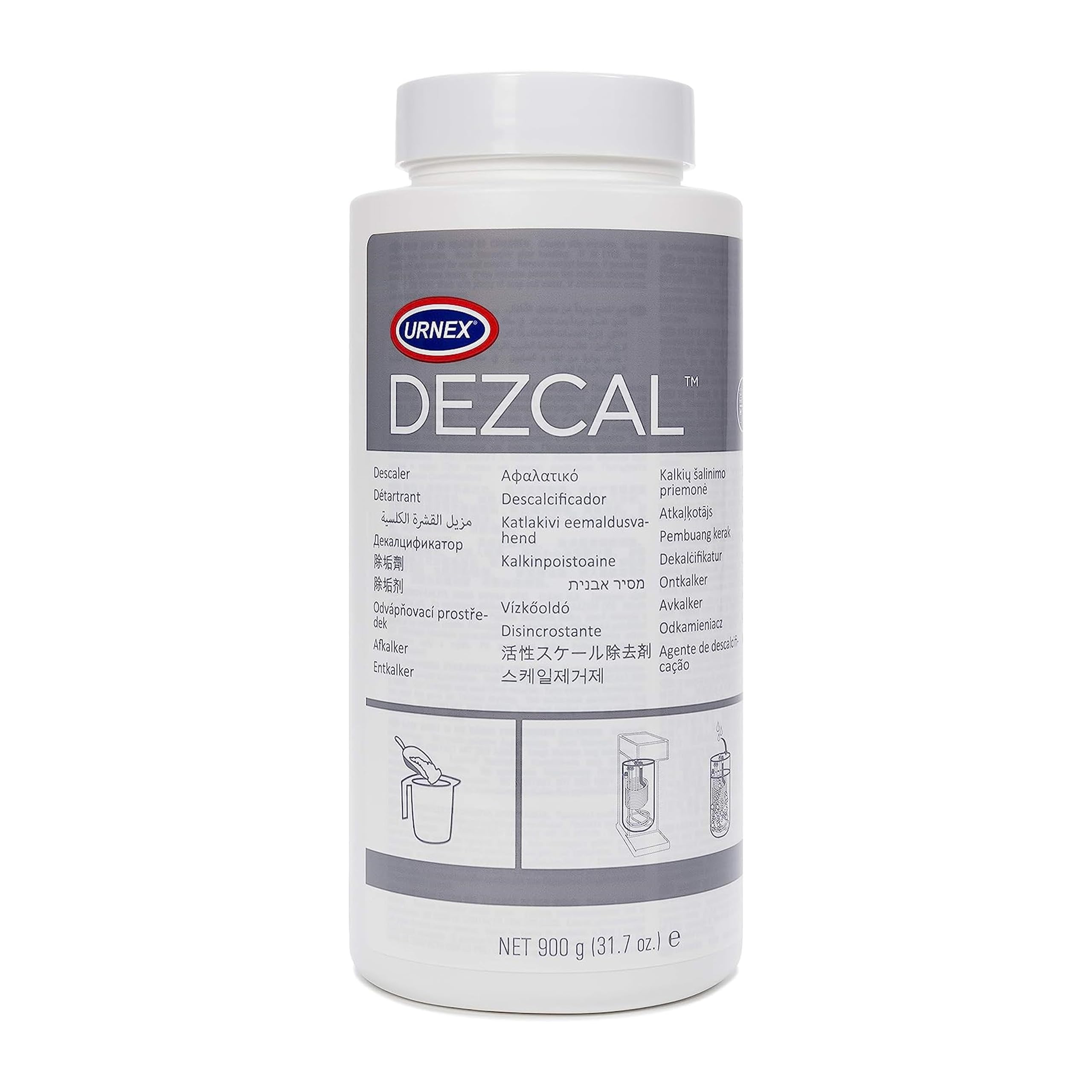 Urnex Dezcal envase 900 g mostrando diseño y beneficios