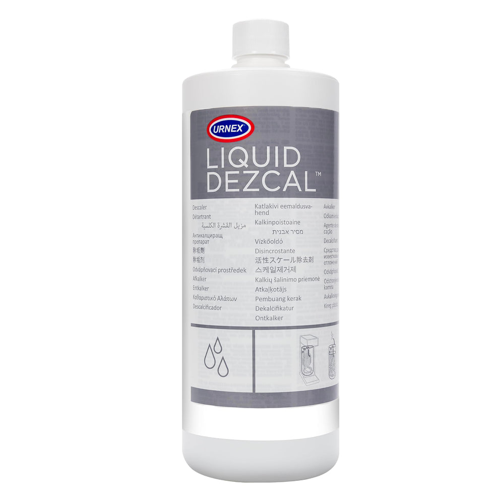 Urnex envase frontal Liquid Dezcal mostrando tamaño y uso claro