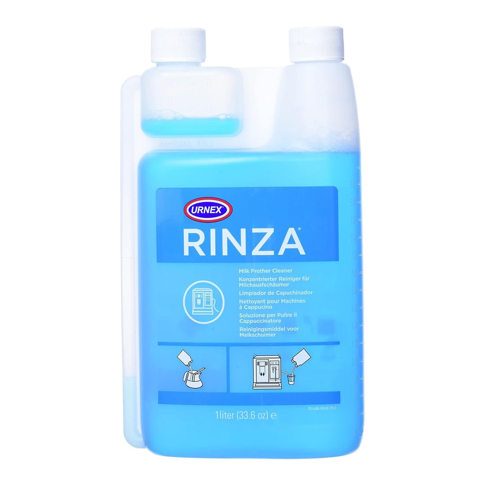 Urnex Rinza botella frontal con etiqueta clara y beneficio limpieza eficaz