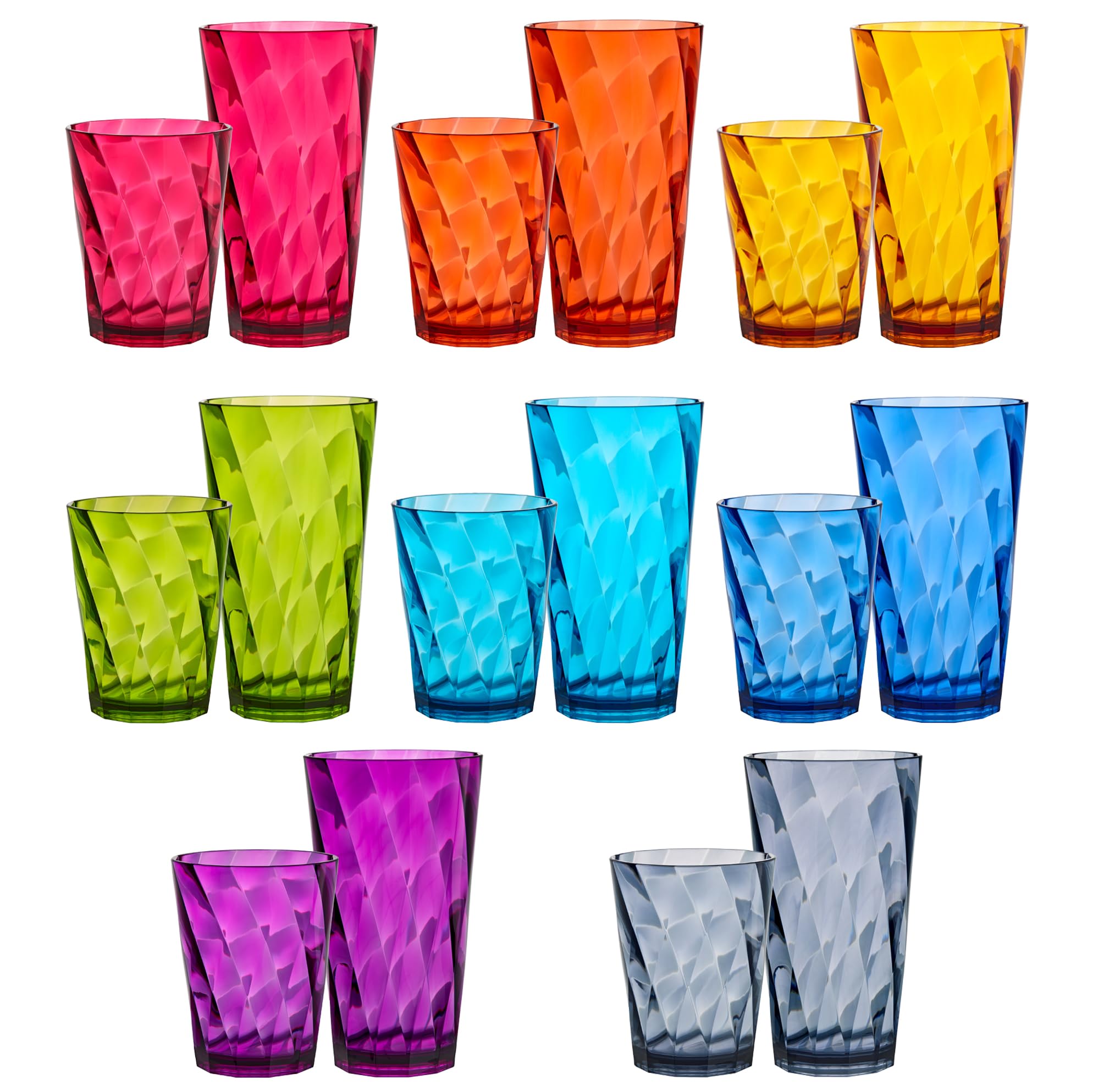 US Acrylic vasos frente conjunto mostrando variedad de colores y beneficio estético