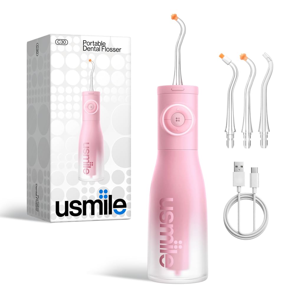 usmile C30 front view in pink showing slim profile and controls, promotes easy storage