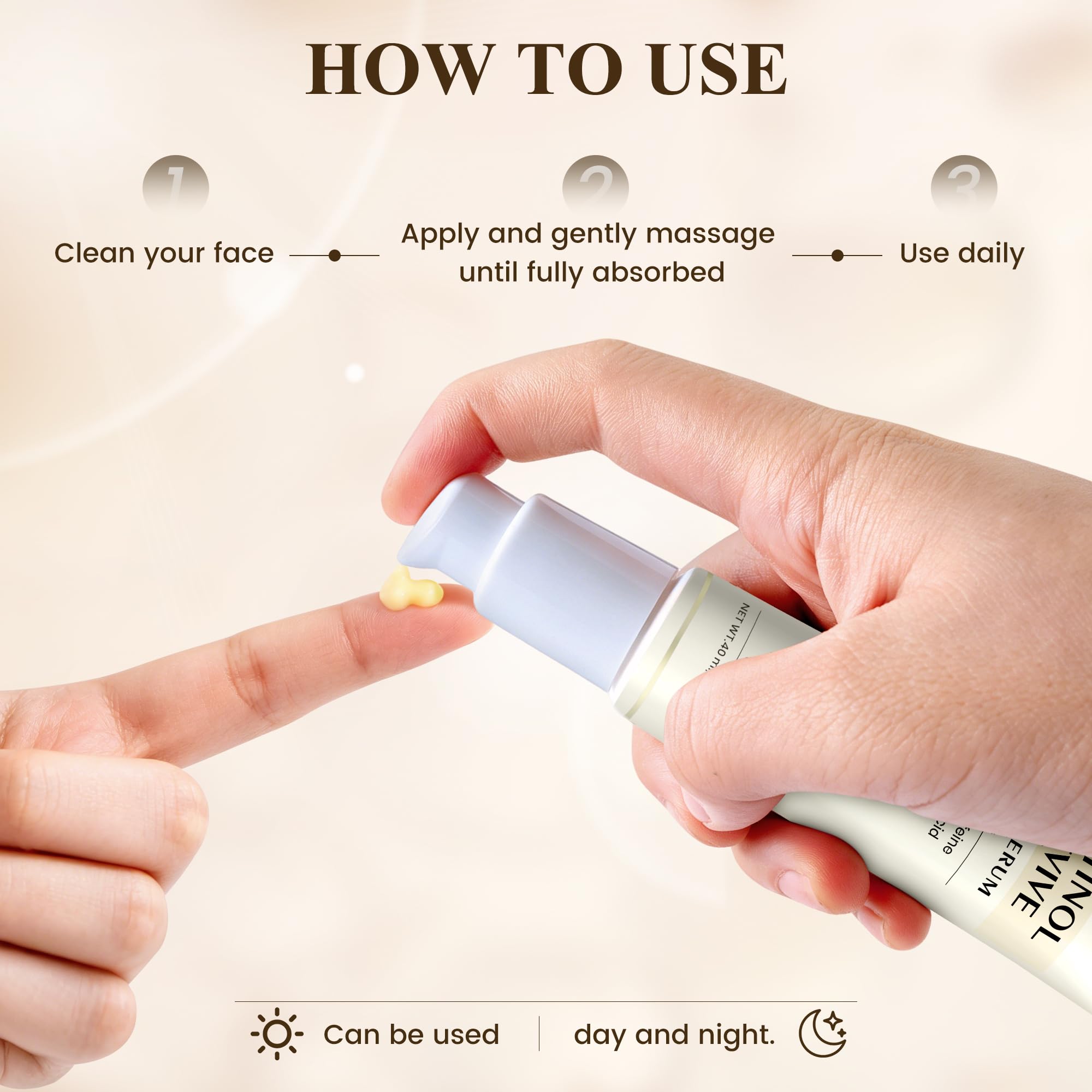 USMOTAR etiqueta con ingredientes clave retinol, cafeína y ácido hialurónico