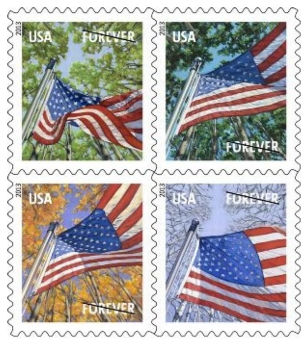 United States Postal Service detalle del sello de primavera con bandera ondeando, estética evocadora