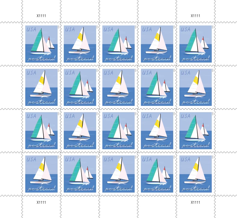 United States Postal Service comparación de tamaño de sello Sailboats junto a una mano