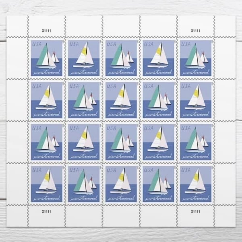United States Postal Service hoja frontal de sellos Sailboats con arte colorido