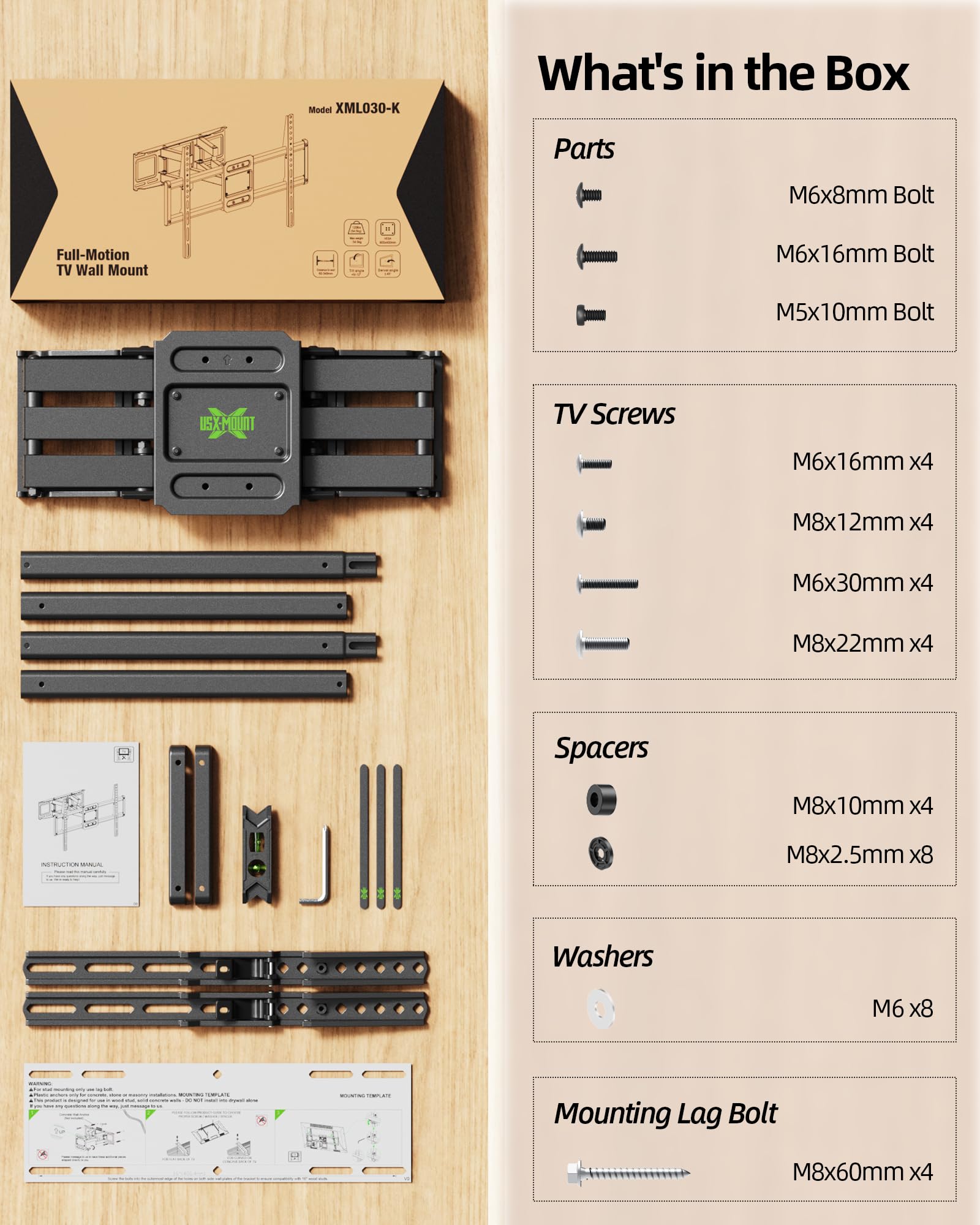 USX MOUNT etiqueta mostrando compatibilidad VESA hasta 600x400 y capacidad 120 lb