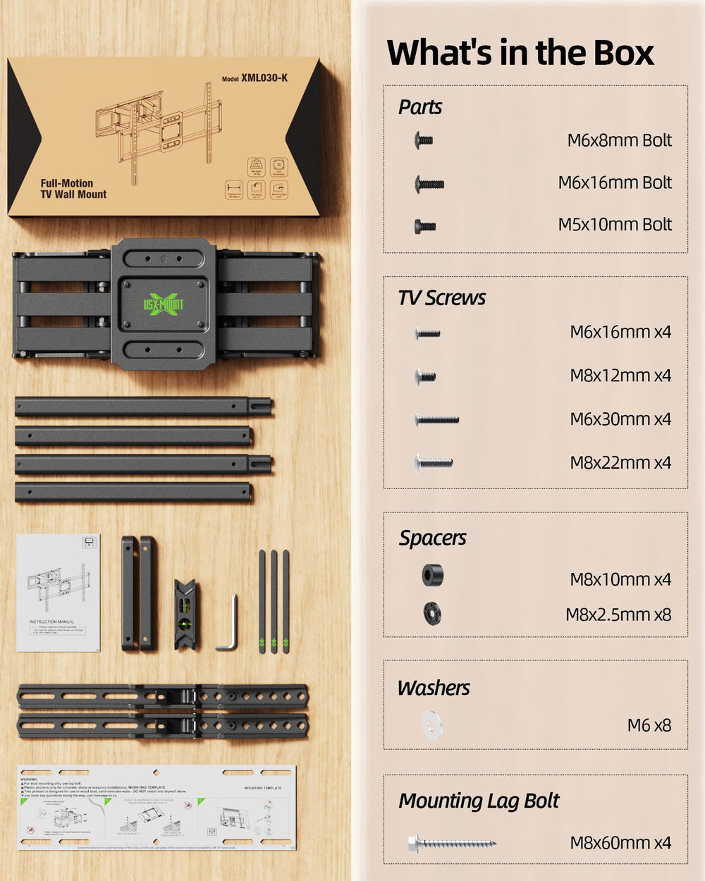 USX MOUNT etiqueta mostrando compatibilidad VESA hasta 600x400 y capacidad 120 lb