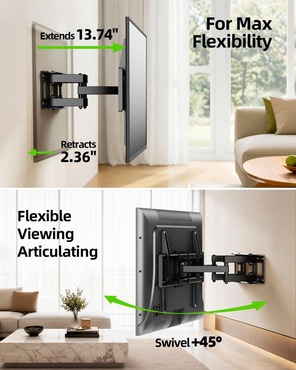 USX MOUNT televisor montado en salón mostrando ángulo y estética ordenada