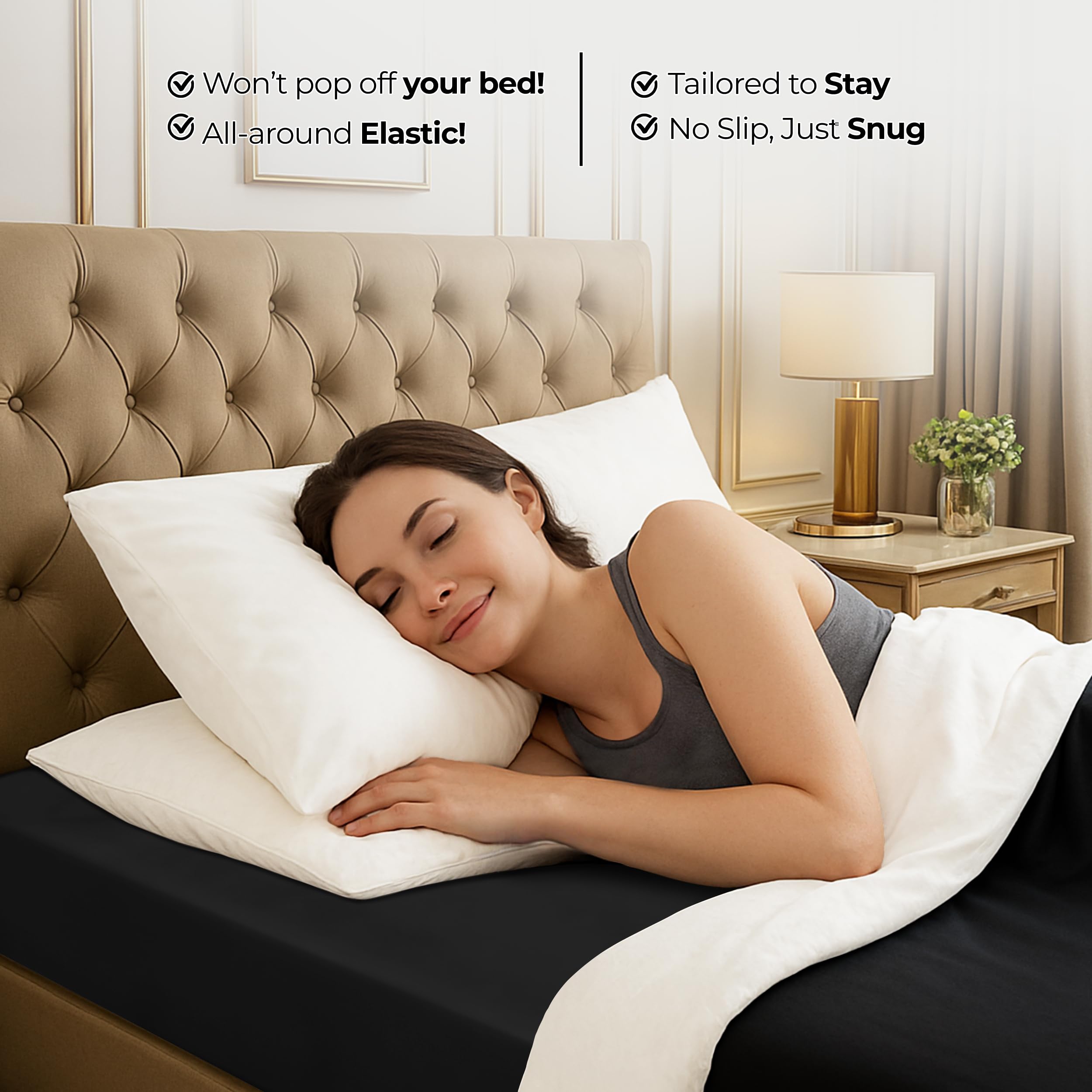 Utopia Bedding ambientación de dormitorio con sábana negra que aporta estilo y fácil combinación