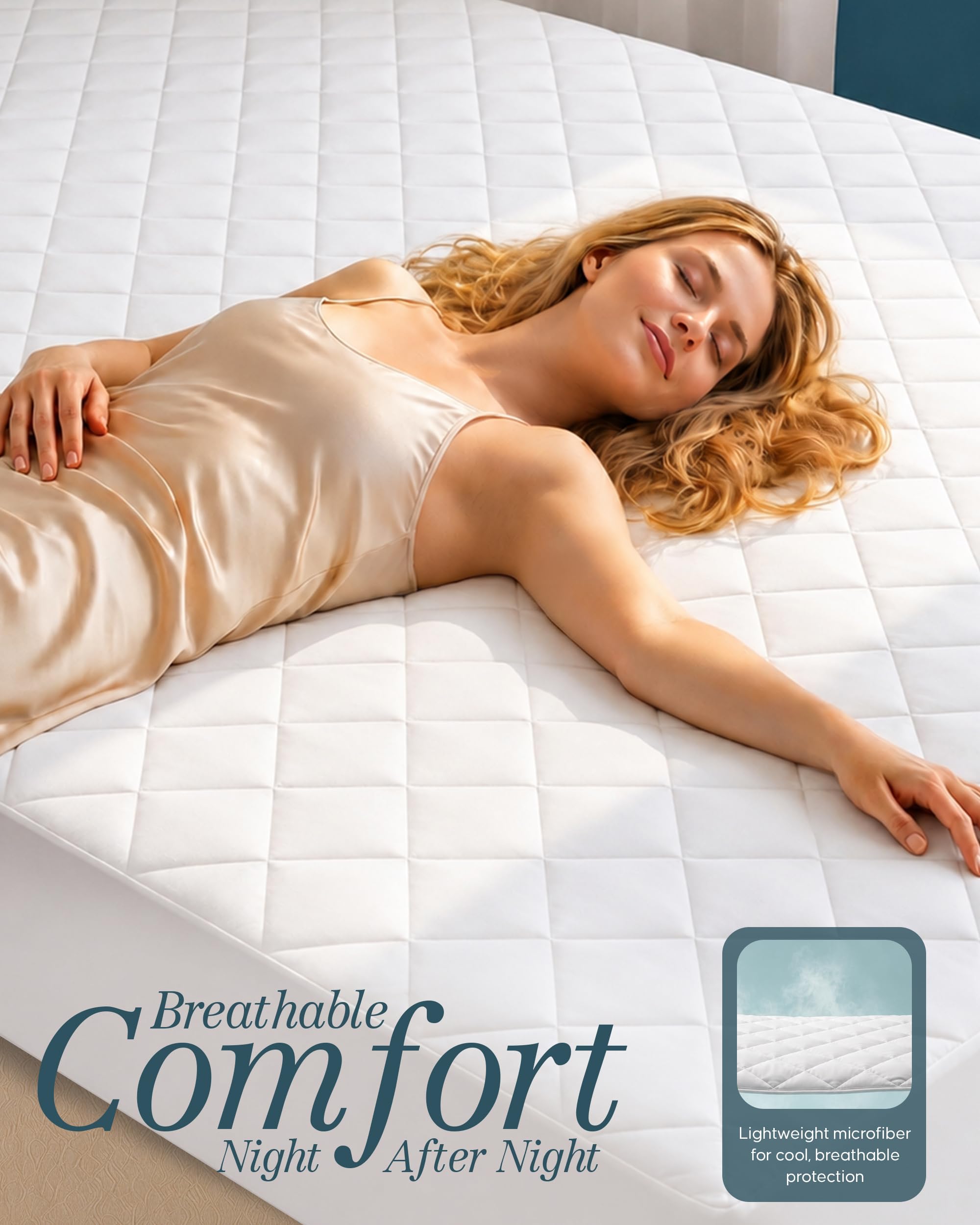 Utopia Bedding escena de dormitorio con protector puesto, aspecto acogedor