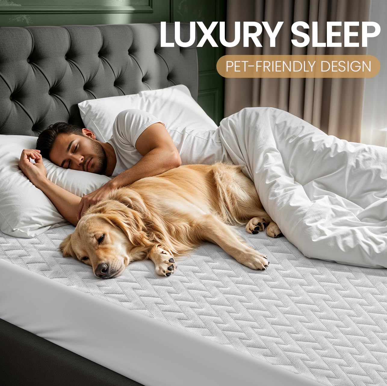 Utopia Bedding protector al lado de regla, comparación de tamaño Twin XL y profundidad