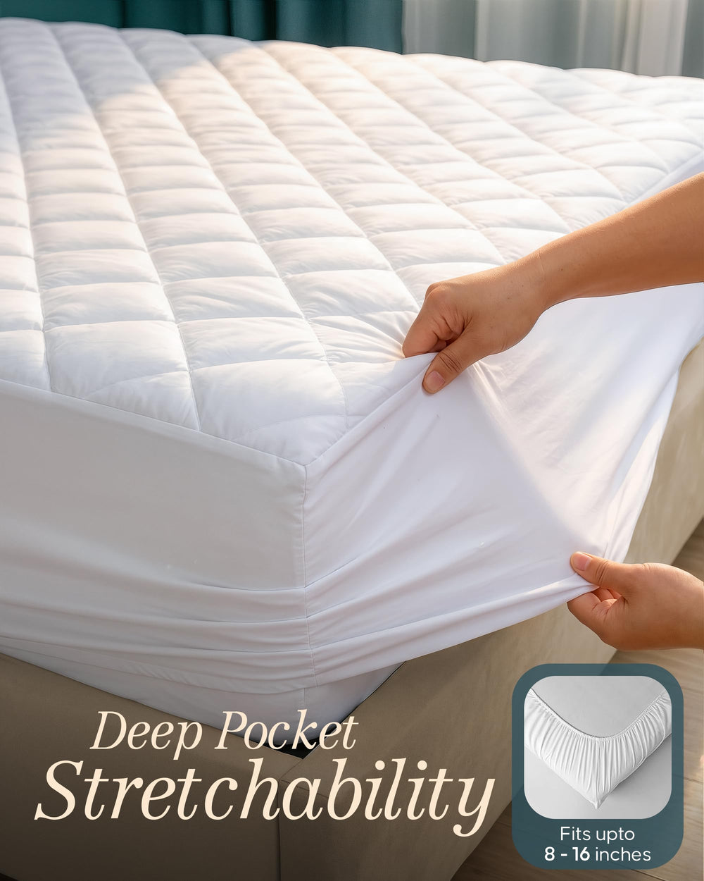Utopia Bedding protector colocado en colchón Queen, ajuste seguro y limpio