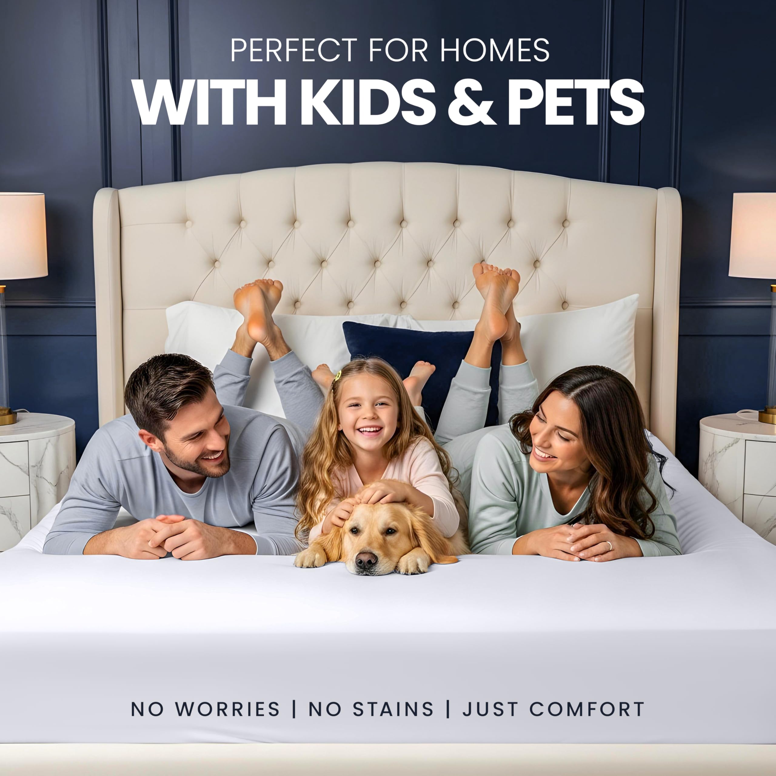 Utopia Bedding protector en cama con niño y mascota, ideal para hogares con familias y mascotas