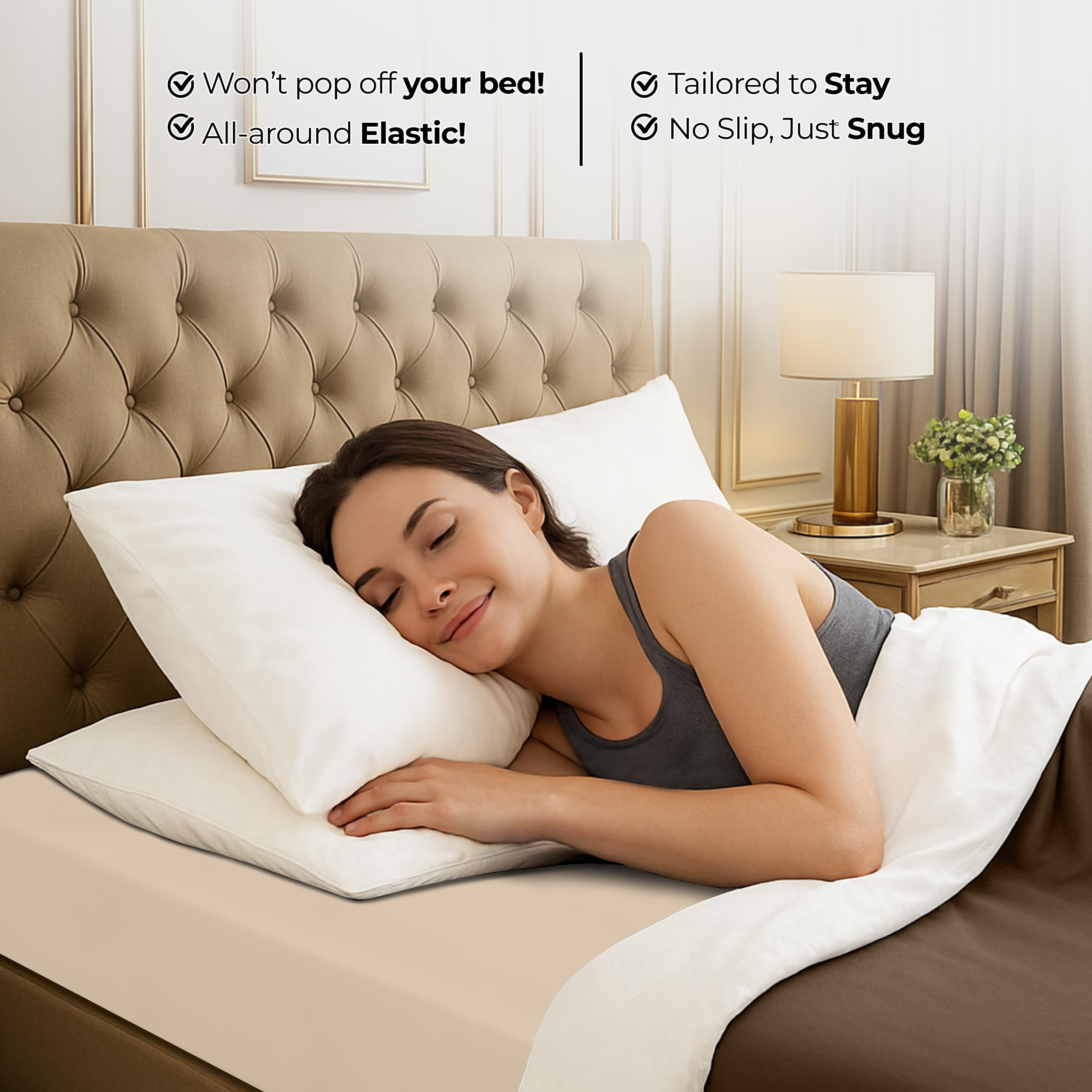 Utopia Bedding ambiente de dormitorio king con sábana beige puesta
