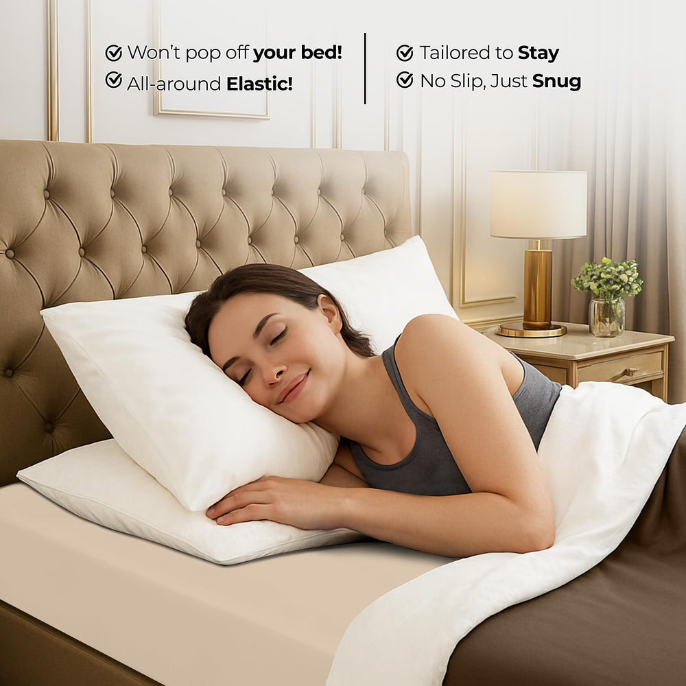Utopia Bedding ambiente de dormitorio king con sábana beige puesta