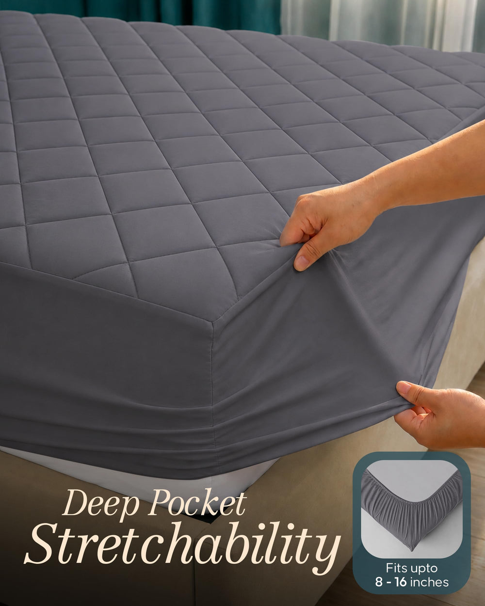 Utopia Bedding detalle de la falda elástica que se estira hasta 16 pulgadas, sujeción segura