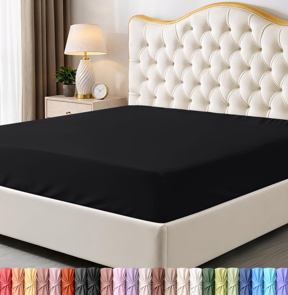 Utopia Bedding vista frontal del empaque mostrando la sábana bajera negra y beneficios prácticos