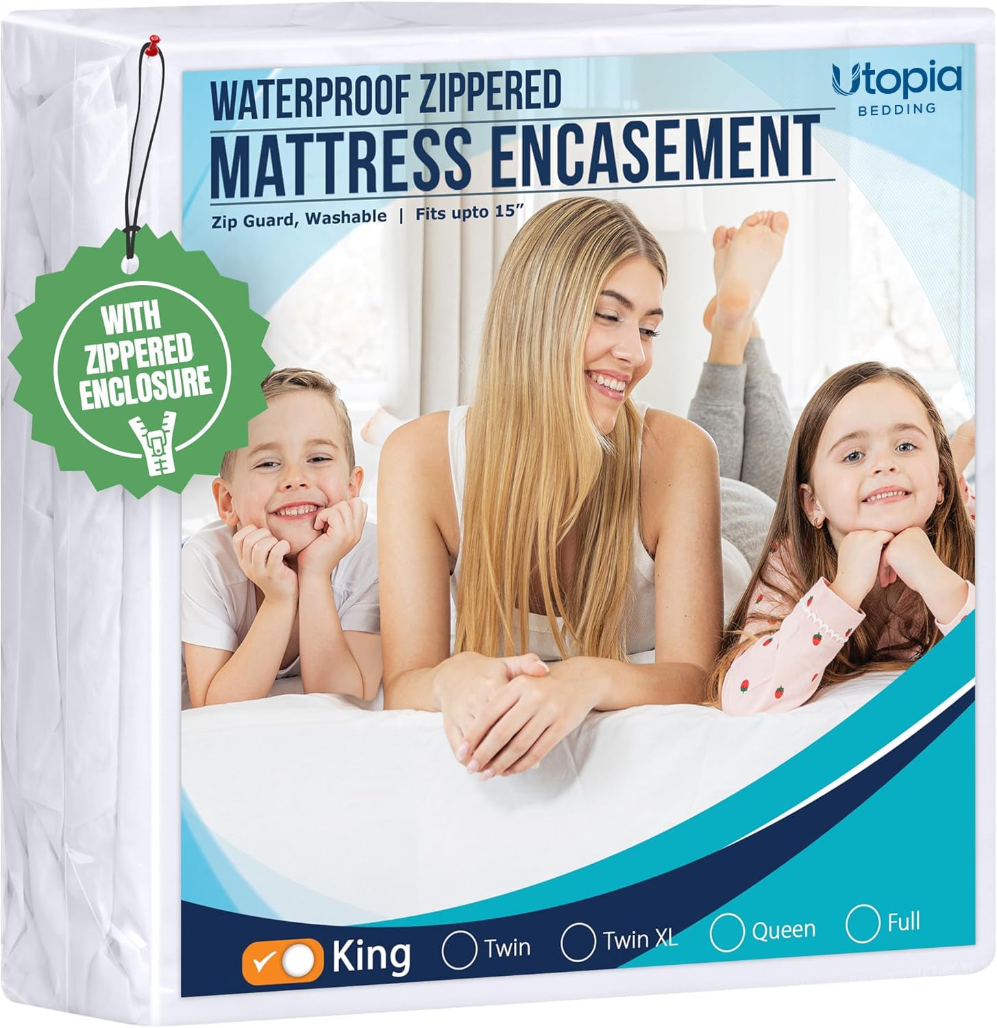 Utopia Bedding vista frontal del protector empaquetado mostrando tamaño king
