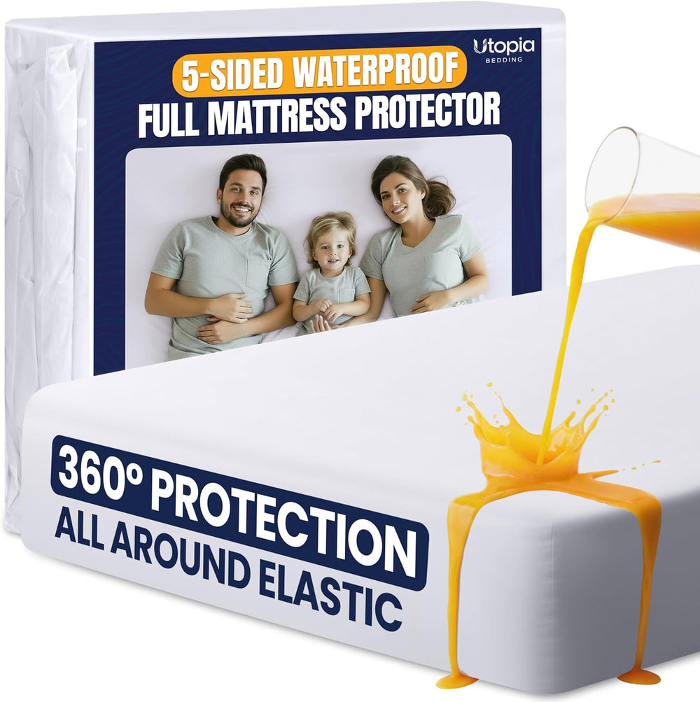 Utopia Bedding vista frontal del protector Full mostrando ajuste y acabado, protección fiable