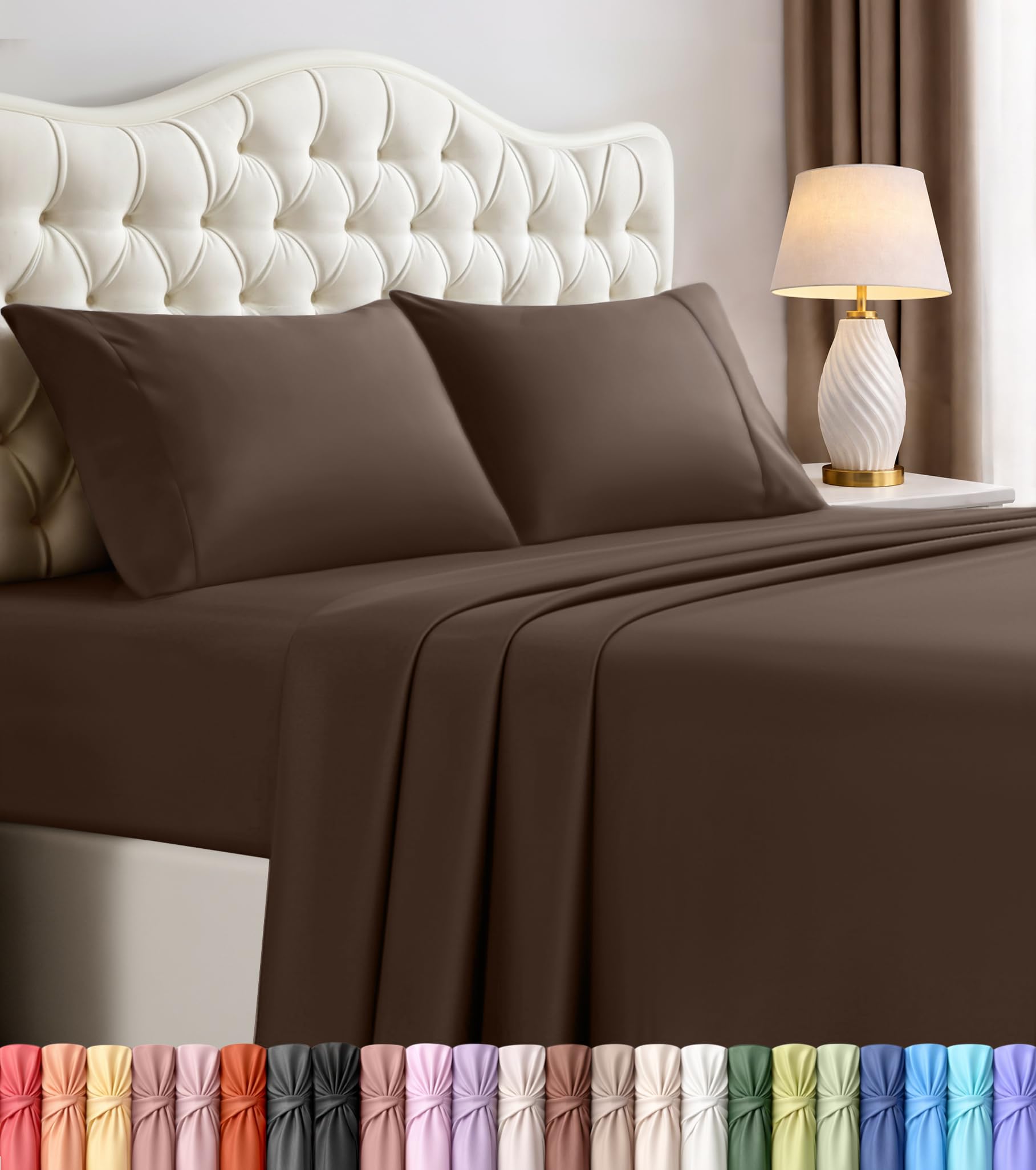 Utopia Bedding vista frontal del set marrón mostrando el empaque y acabado elegante