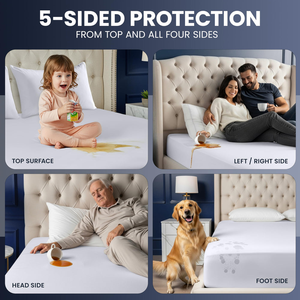 Utopia Bedding protector colocado en colchón Full para demostrar cobertura completa de cinco lados