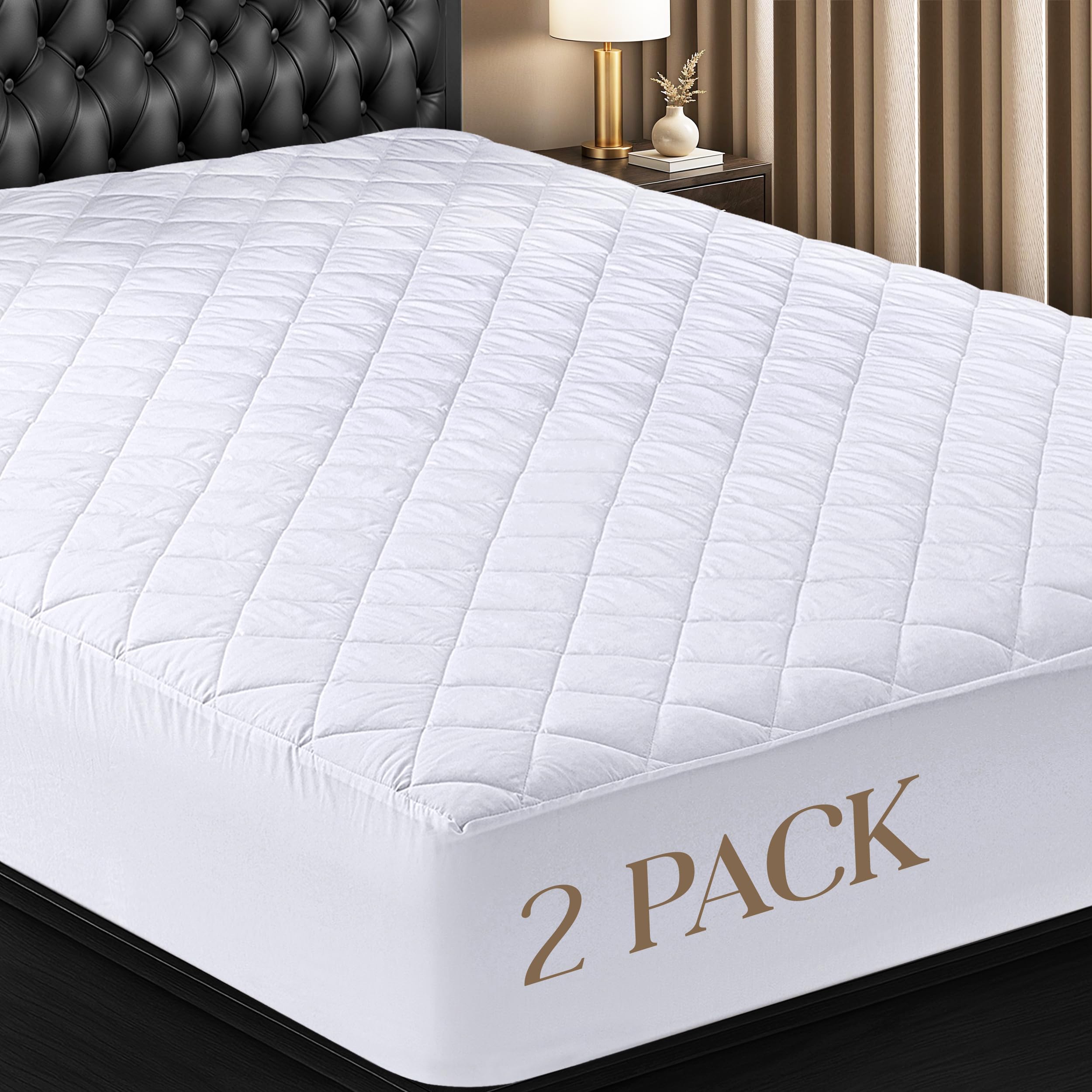 Utopia Bedding frontal del protector en empaque mostrando pack y beneficios de confort