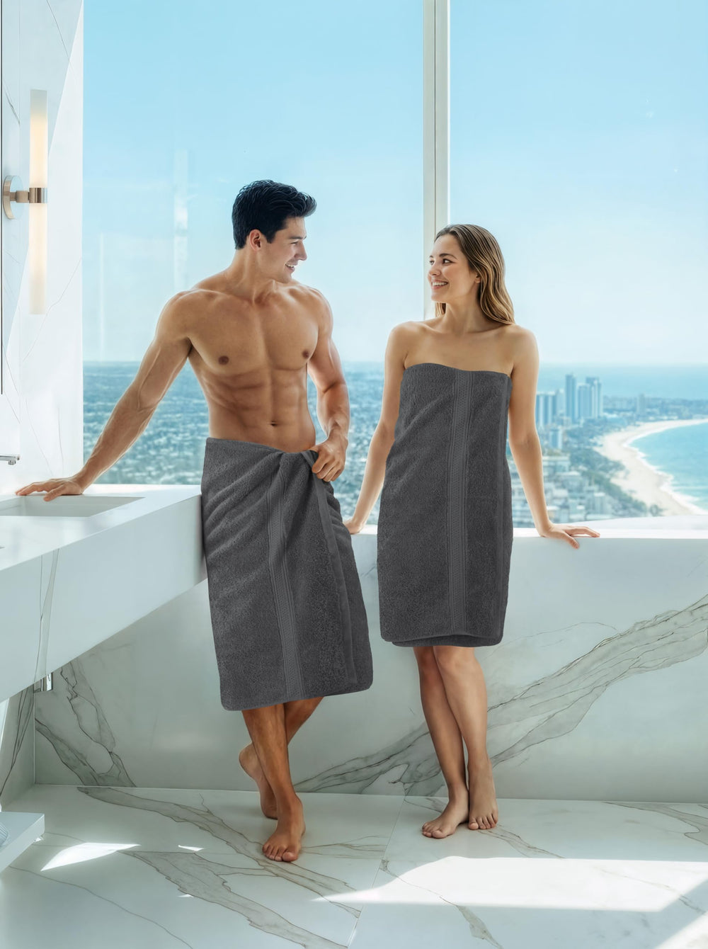 Utopia Towels etiqueta cosida que indica 100% algodón ring-spun y cuidado fácil para mantener la calidad