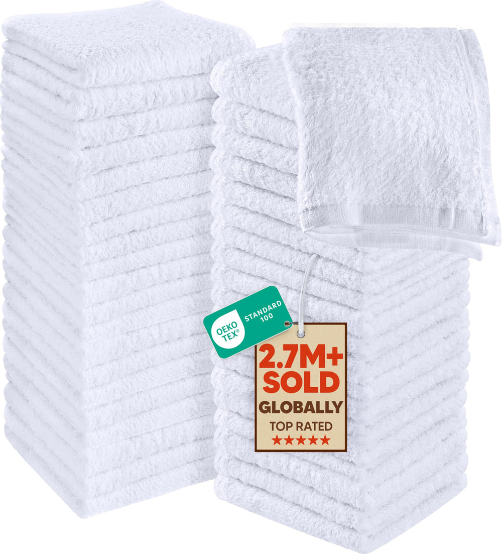 Utopia Towels pack frontal mostrando 60 toallas blancas, practicidad y ahorro