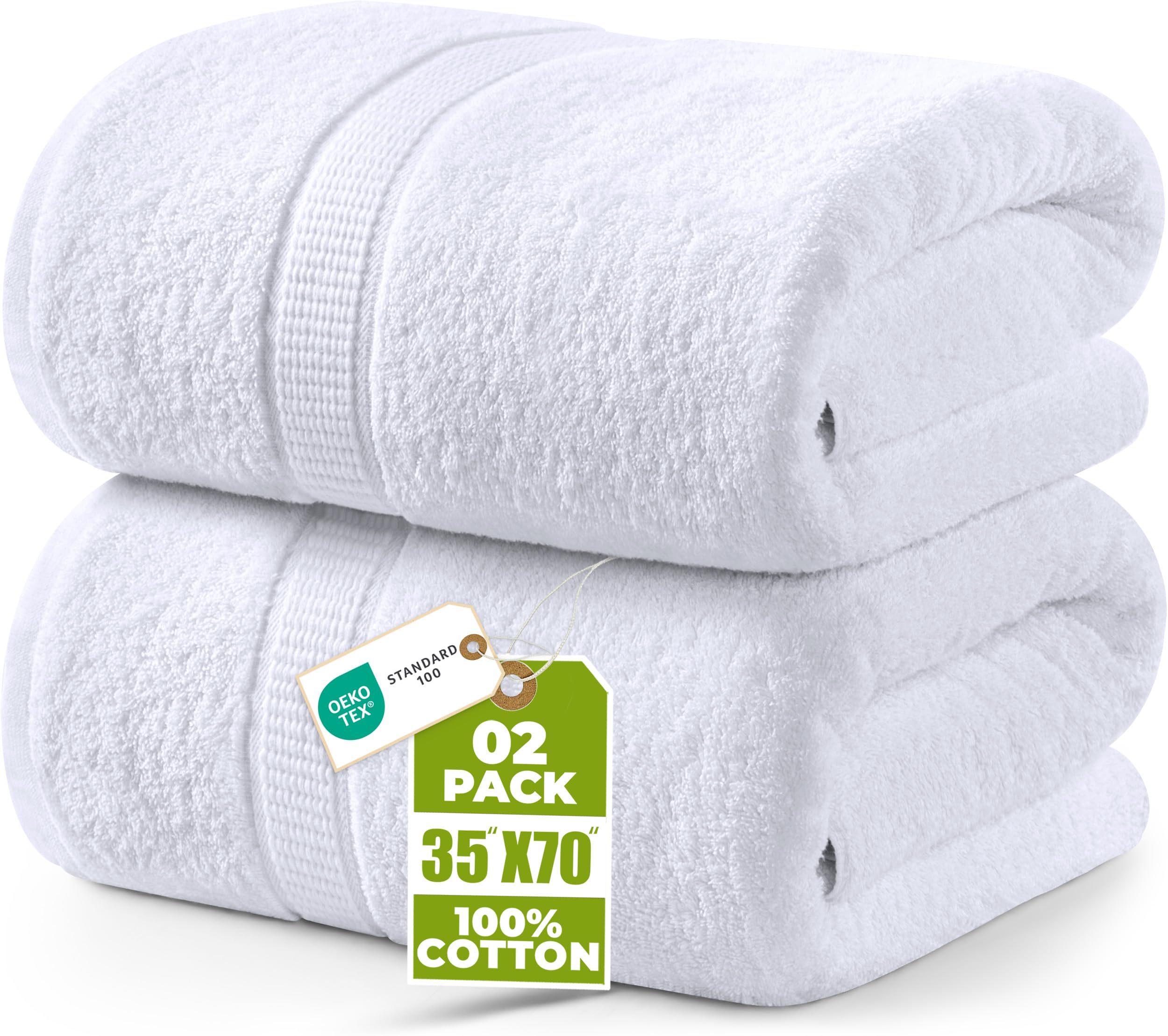 Utopia Towels frente del pack de 2 toallas blancas mostrando tamaño