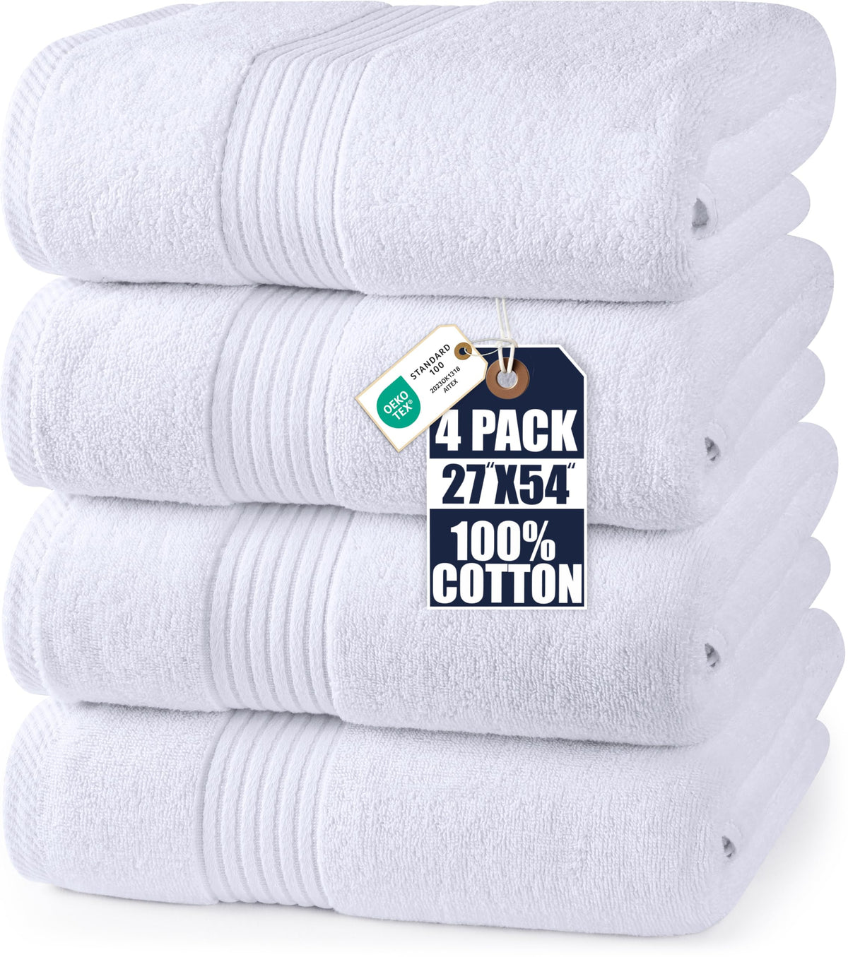 Utopia Towels vista frontal del juego de 4 toallas blancas mostrando presentación y tamaño
