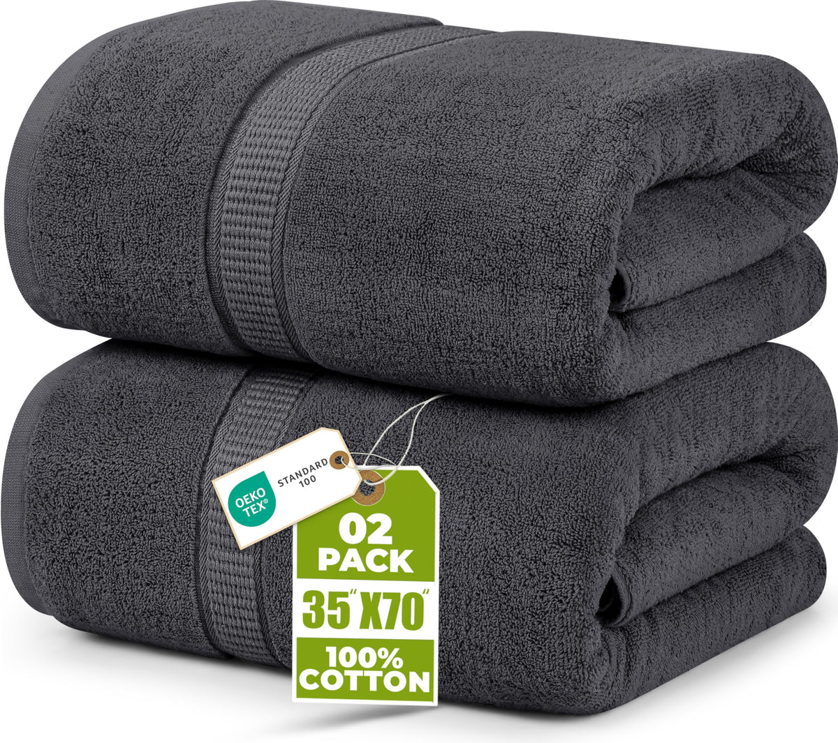 Utopia Towels vista frontal del paquete de dos mostrando tamaño y color gris