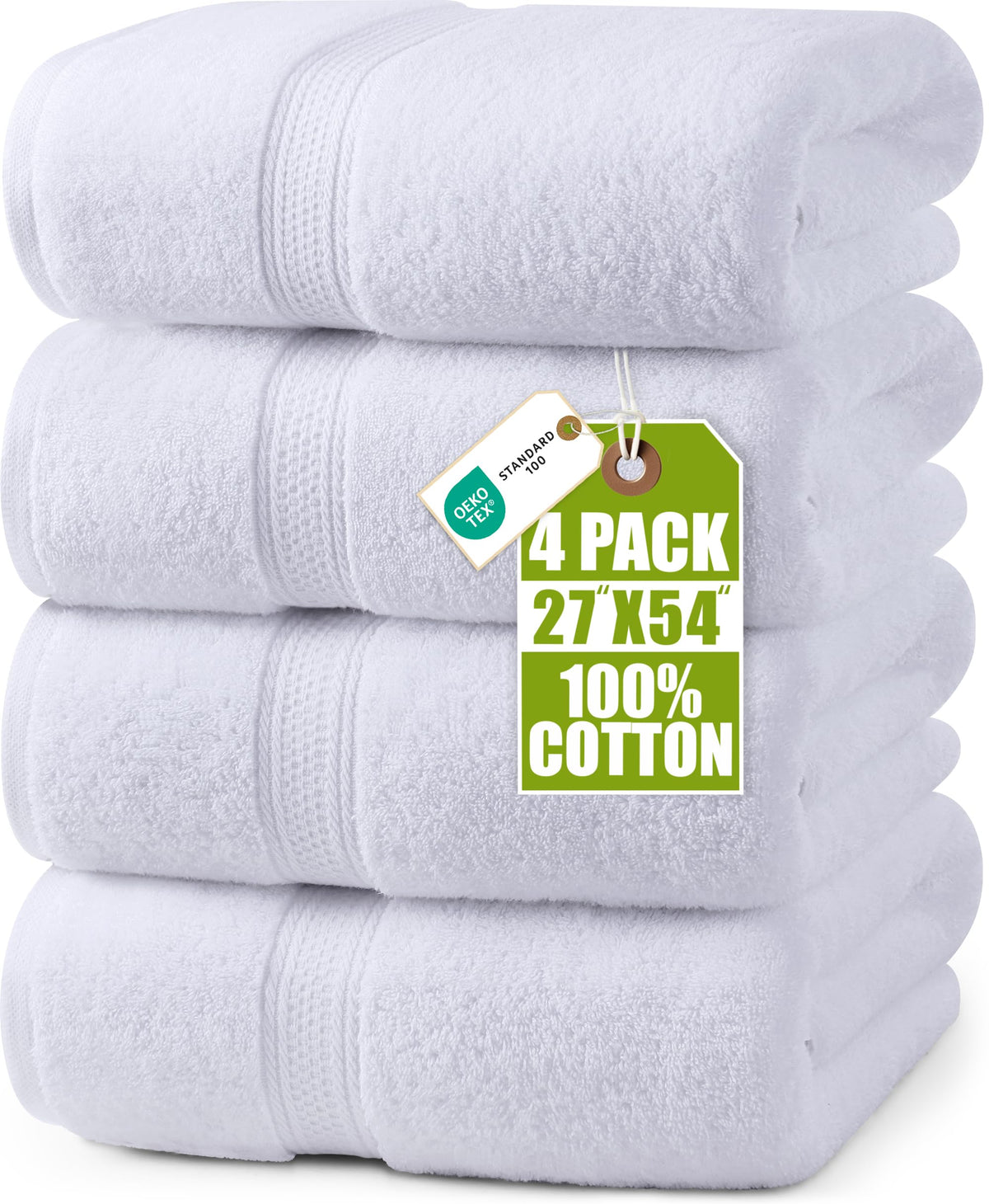 Utopia Towels paquete frontal mostrando las cuatro toallas blancas, aspecto limpio