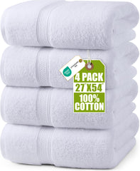 Utopia Towels paquete frontal mostrando las cuatro toallas blancas, aspecto limpio