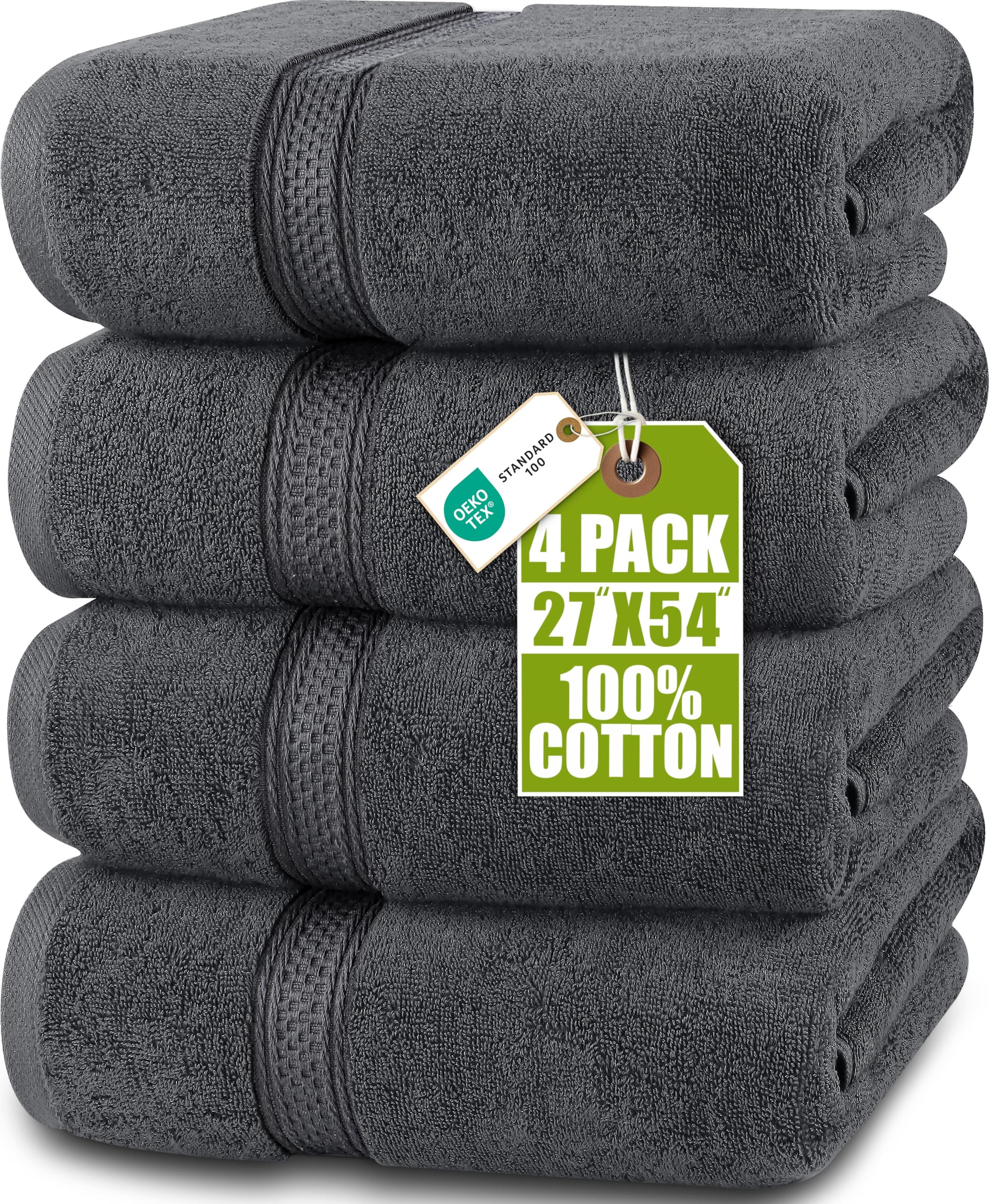 Utopia Towels vista frontal del paquete mostrando color gris y cuatro toallas, ideal para combinación de baño