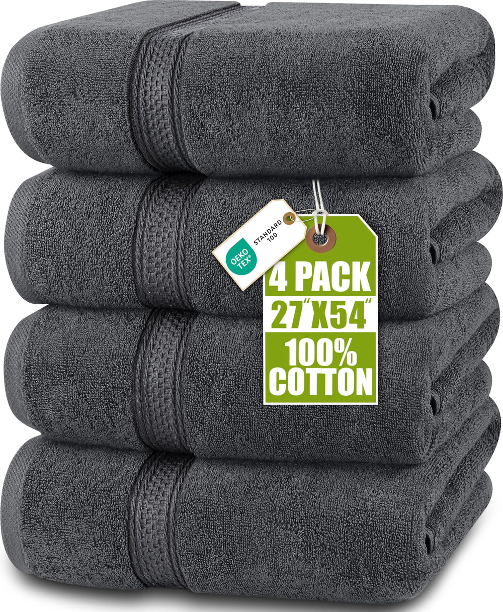 Utopia Towels vista frontal del paquete mostrando color gris y cuatro toallas, ideal para combinación de baño