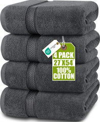 Utopia Towels vista frontal del paquete mostrando color gris y cuatro toallas, ideal para combinación de baño