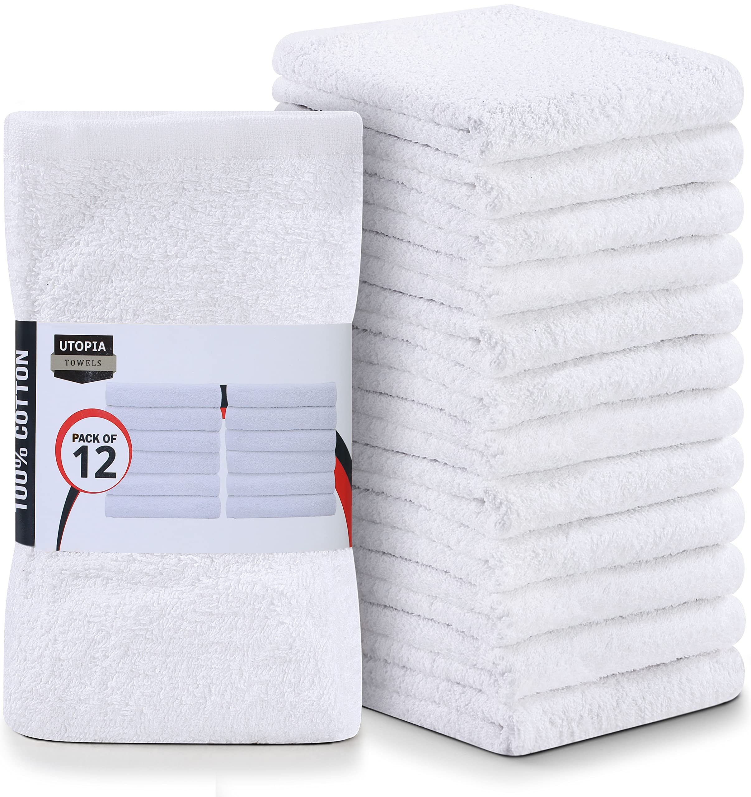 Utopia Towels vista frontal del paquete de 12 paños, práctico y económico