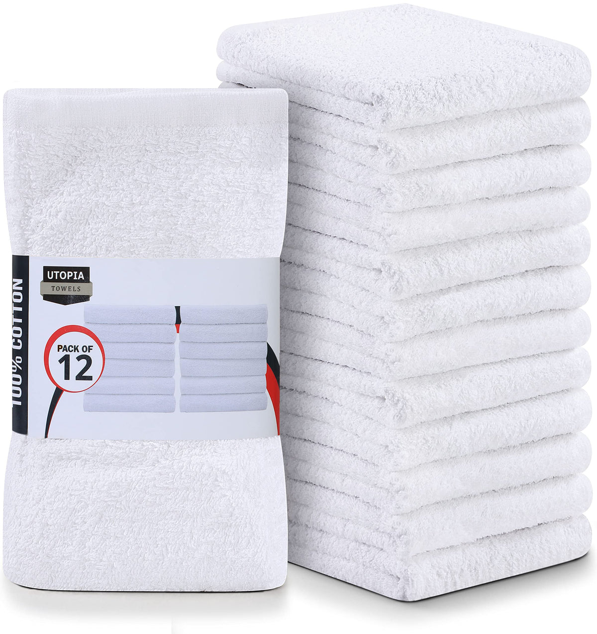 Utopia Towels vista frontal del paquete de 12 paños, práctico y económico