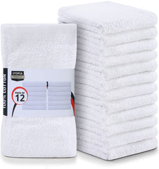 Utopia Towels vista frontal del paquete de 12 paños, práctico y económico