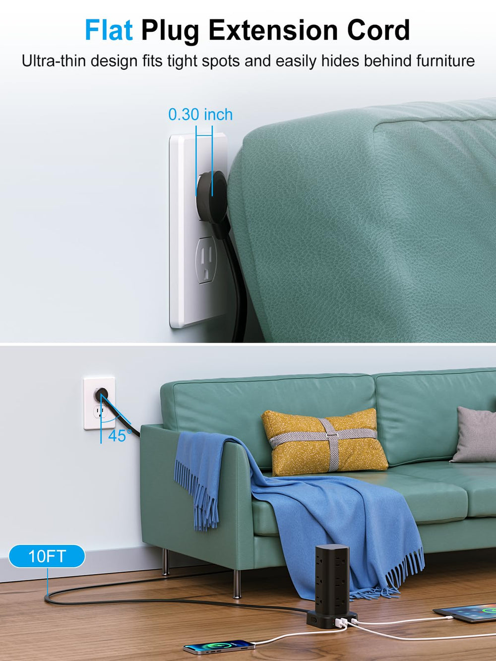 UWIWUTEI enchufe plano pegado a pared para ahorrar espacio detrás de muebles