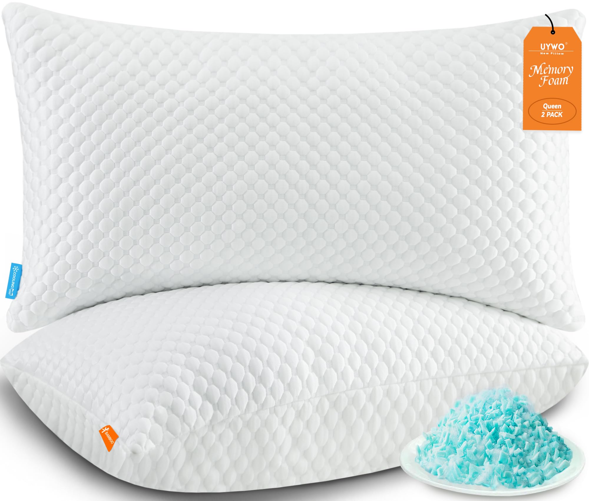 Almohada UYWO vista frontal del set queen con funda refrigerante y acabado limpio