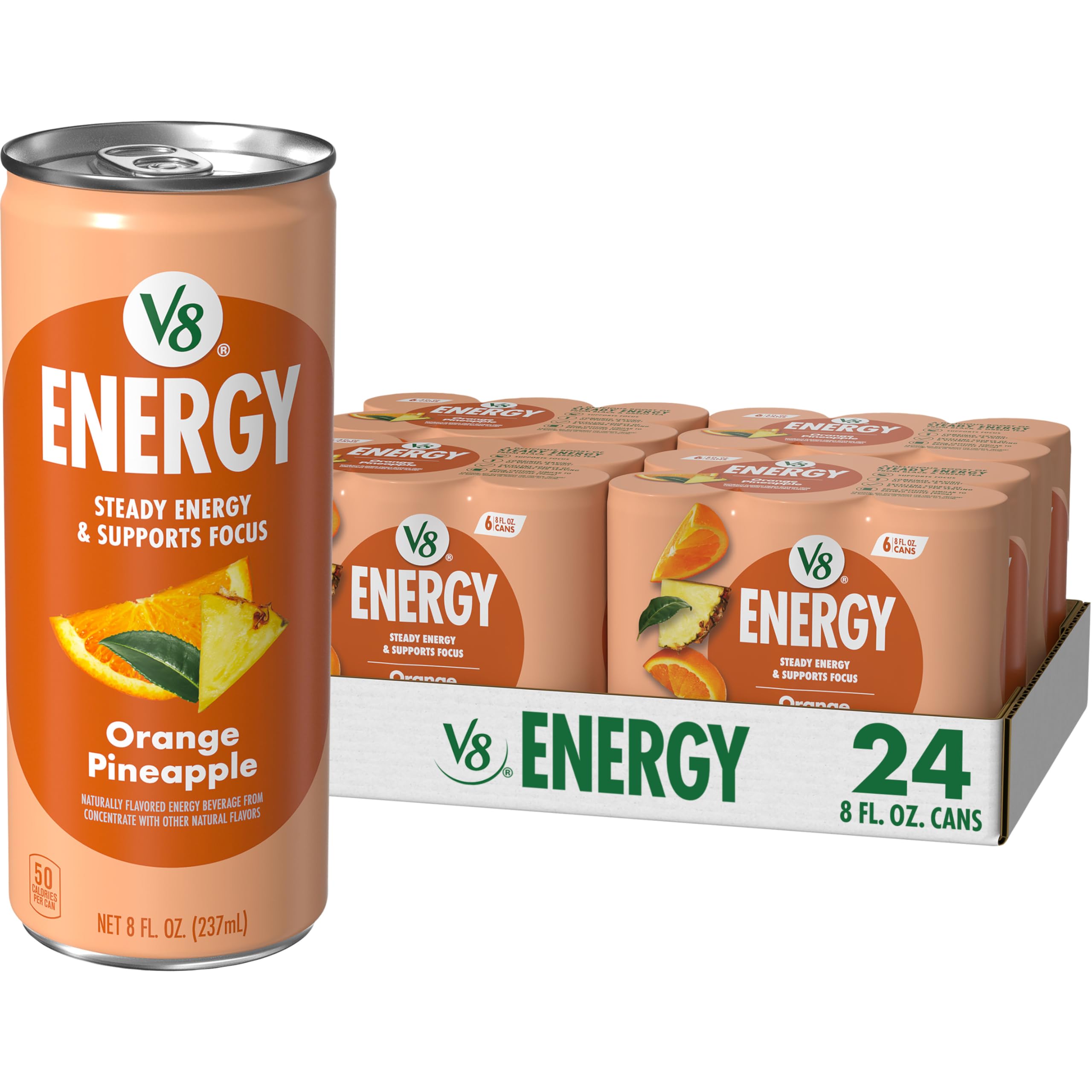 V8 lata frontal mostrando diseño y sabor naranja piña, refresco rápido