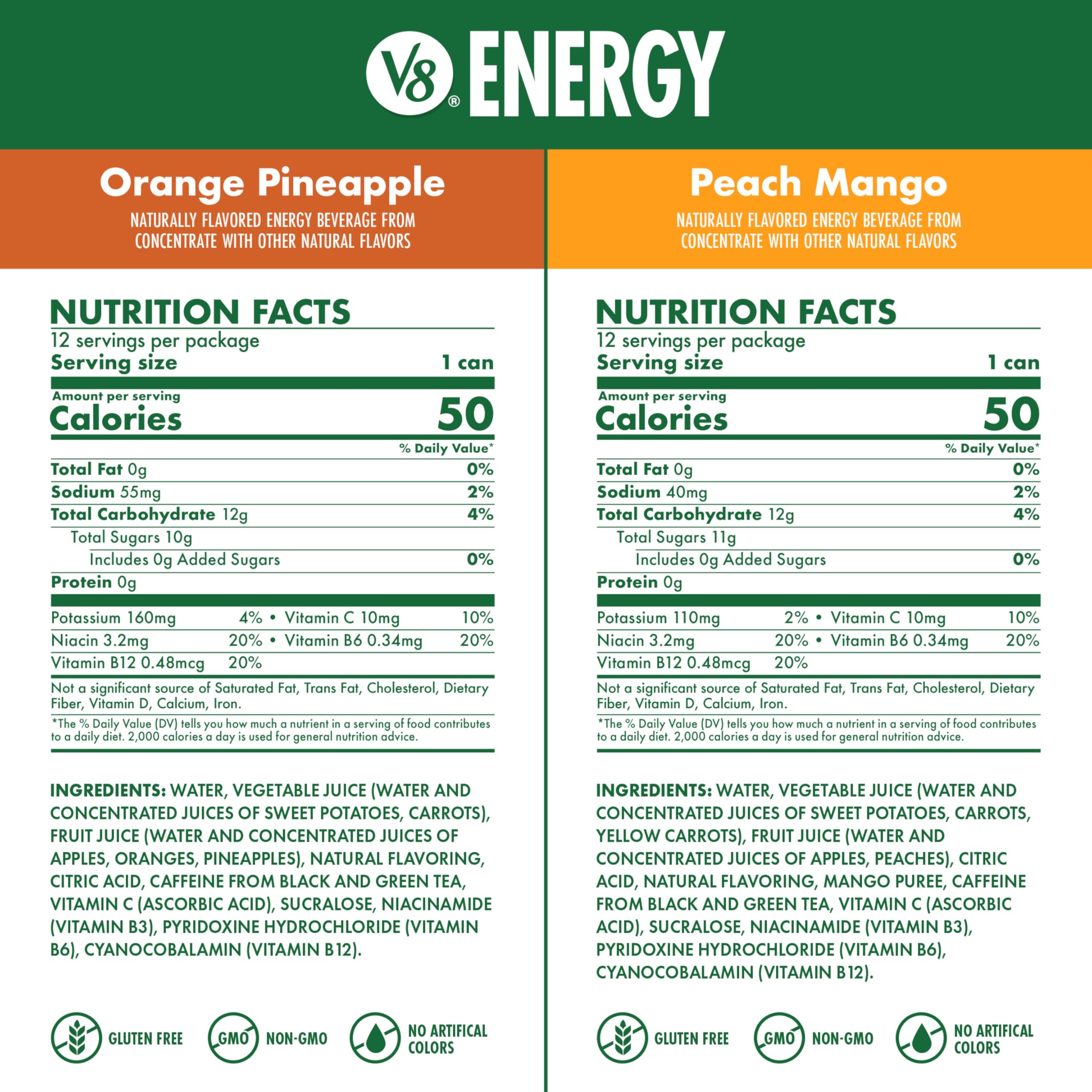 V8 Energy Orange Pineapple lata con hielo, nota cítrica revitalizante