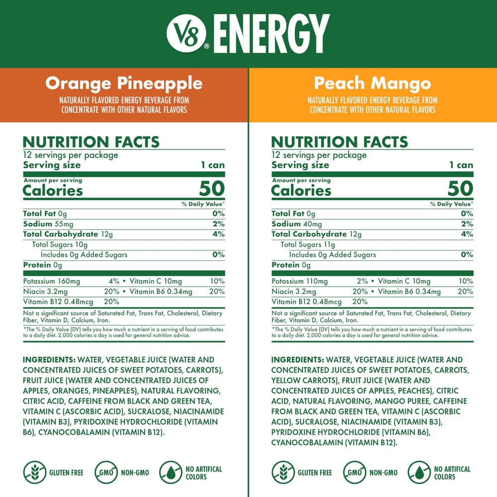 V8 Energy Orange Pineapple lata con hielo, nota cítrica revitalizante