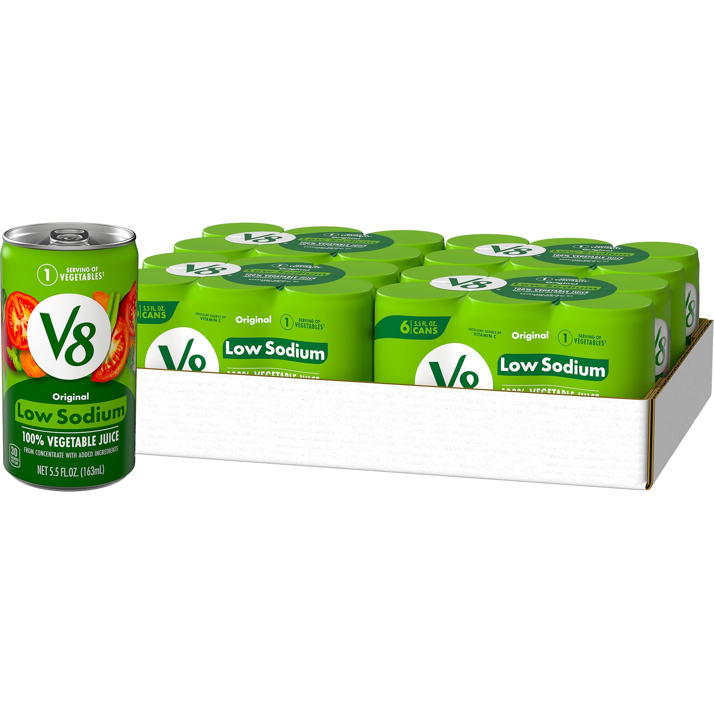 V8 lata frontal mostrando etiqueta y conveniencia baja en sodio