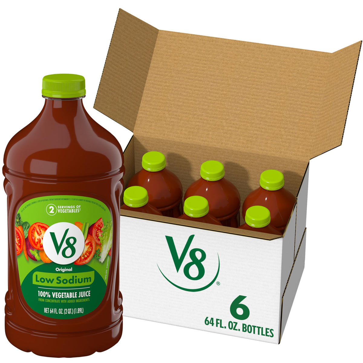 V8 low sodium front packaging showing six 64 fl oz bottles and branding benefit convenience