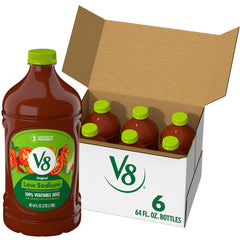 V8 low sodium front packaging showing six 64 fl oz bottles and branding benefit convenience