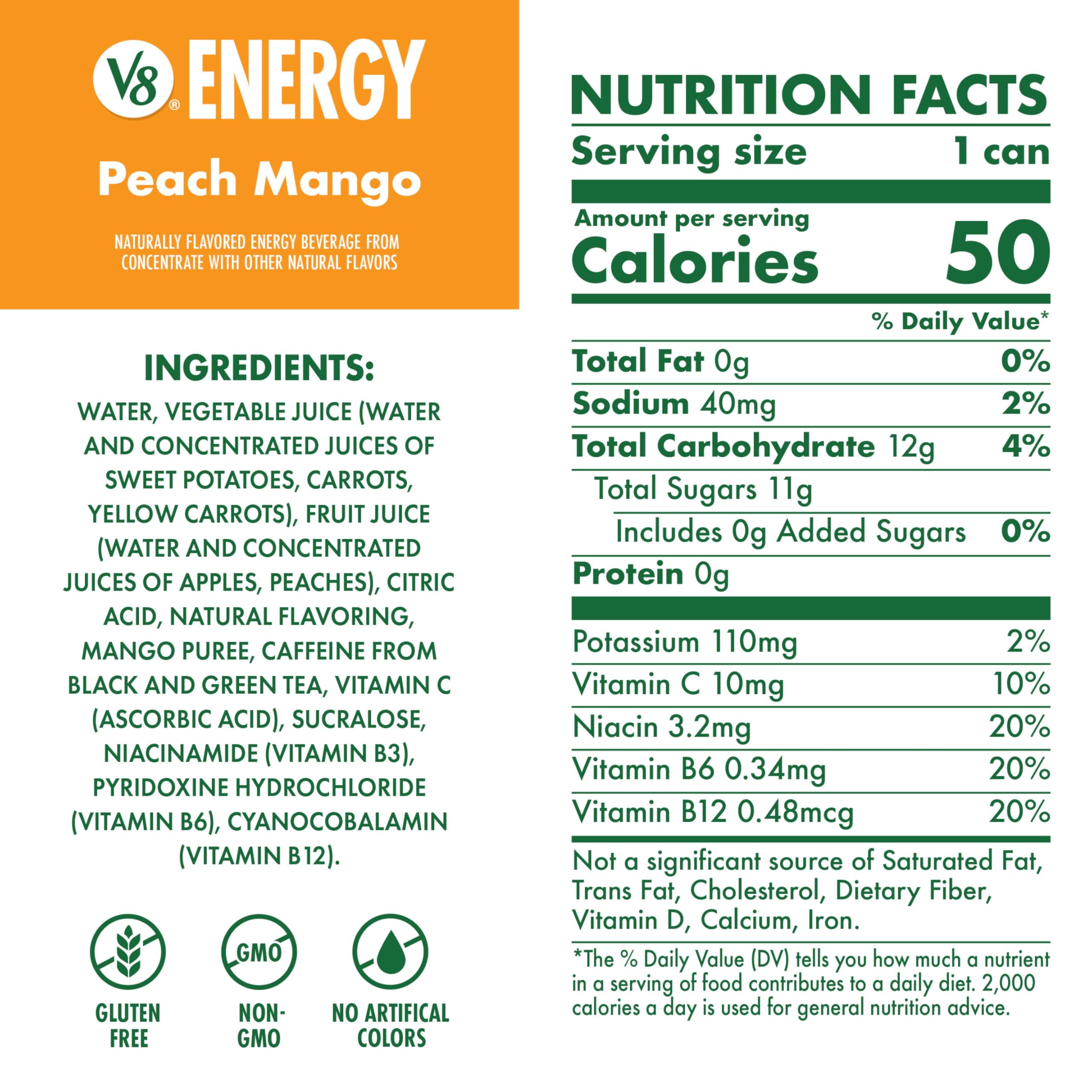 V8 detalle de etiqueta con ingredientes y beneficios de vitaminas B